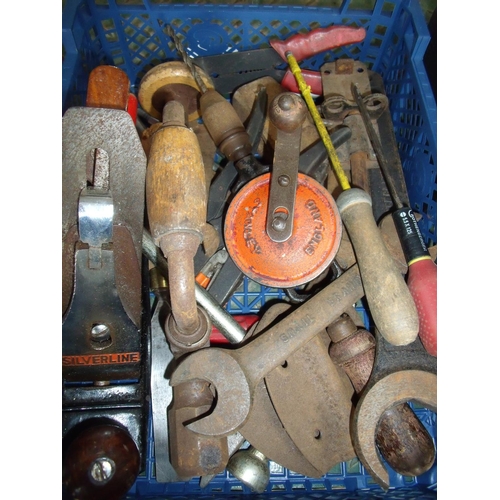 22 - Box containing a small selection of hand tools including a hand drill, plane, chisels, spanners etc