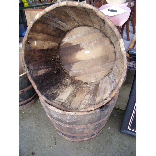 60 - Pair of coopered oak barrel planters