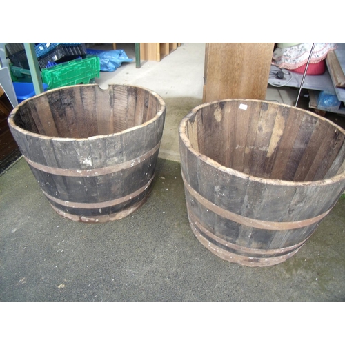 61 - Pair of coopered oak barrel planters