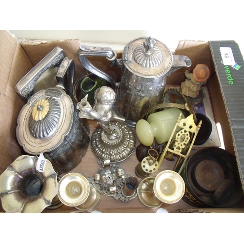 13 - Selection of various plated ware, tea pots, vases, brassware, miners lamps and weights