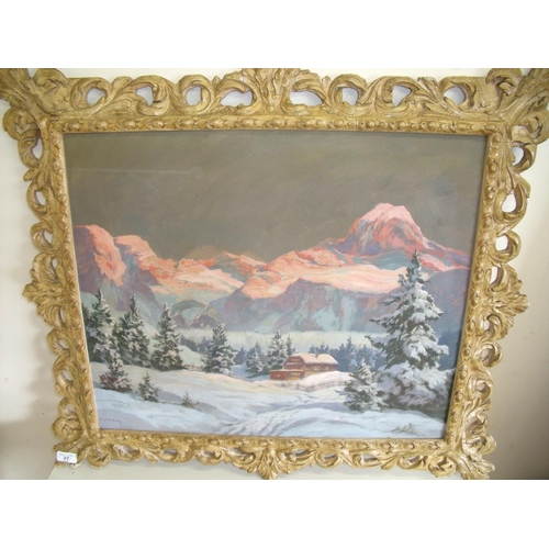 27 - Oil on canvas of winter mountainous landscape signed lower left R. Gerson, in elaborate frame (80cm ... 
