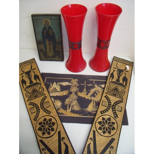29 - Pair of 1970s style red & black glass vases, a painted Russian style icon, carved wood tribal style ... 