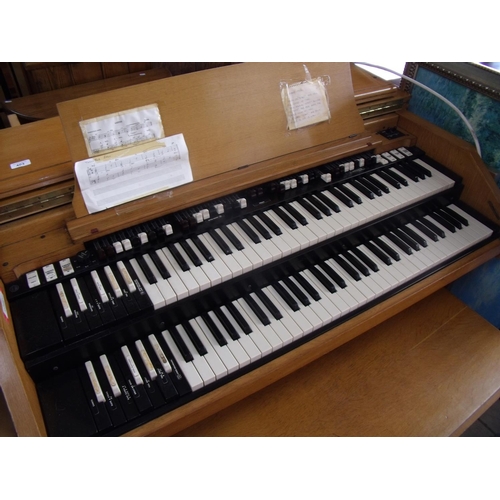 403 - Light oak cased Hammond electric organ with associated bench stool seat and separate light oak speak... 