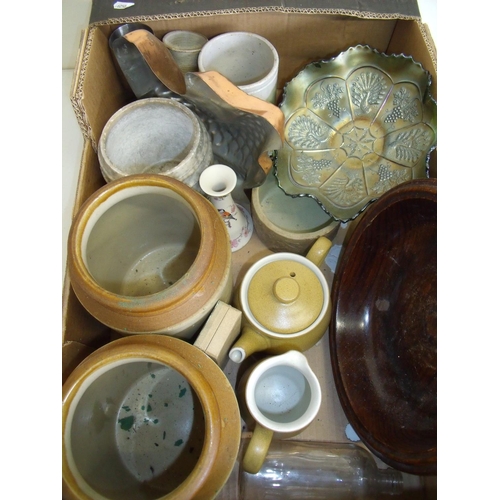 44 - Carnival glass, Stoneware jars, ceramics including Denby etc in one box