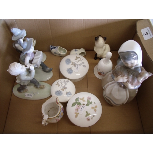 10 - Nao figure if a girl with lamb (A/F), a Beswick cat, three German porcelain figures etc
