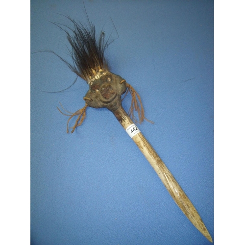62 - Unusual 19th/20th C African tribal bone dagger with moulded shaped figure of a head, with feather an... 