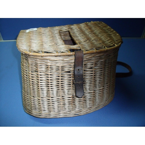 68 - Vintage wicker fishing basket with leather strap work