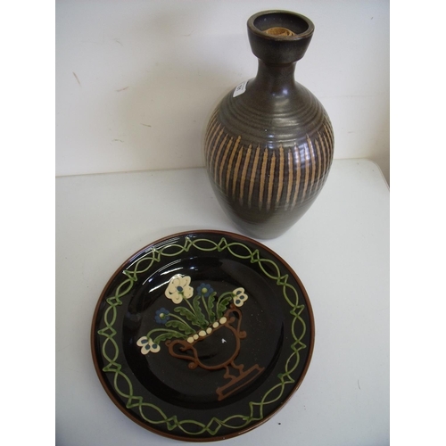 31 - Large Studio pottery vase (approx. 40cm high) and a similar slip glaze style charger (diameter 34cm)... 