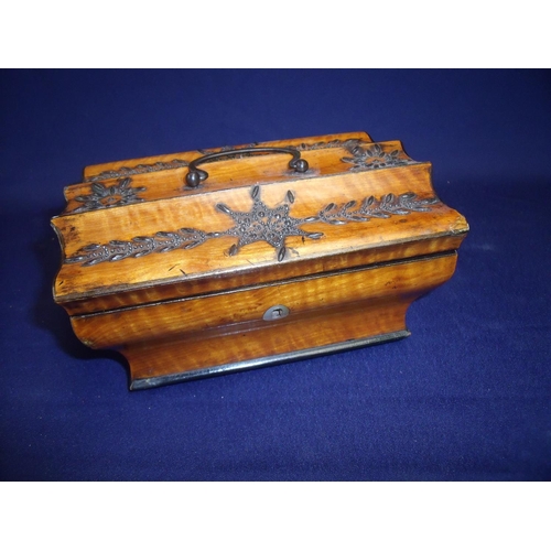 71 - 19th C satinwood sewing box with hinged lift up shaped top with studded detail revealing mirrored fi... 