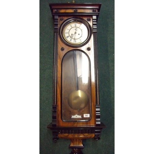 105 - Walnut and ebonised cased double weighted Vienna style wall clock with white email dial and secondar... 