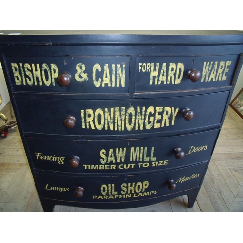 324 - Victorian bow front chest of two short above three long drawers with painted & ebonised shop style d... 