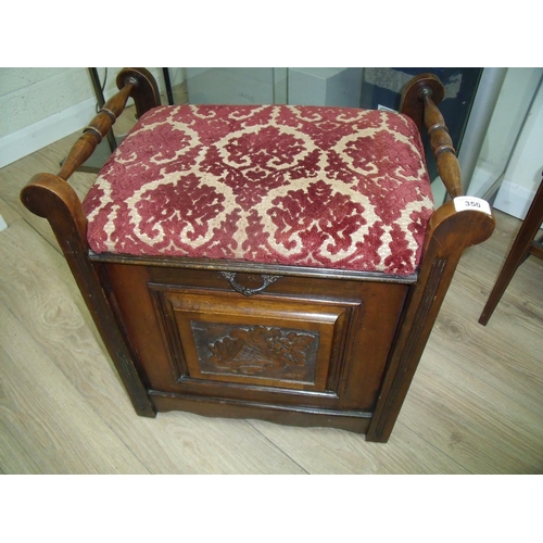 311 - Early 20th C rectangular piano type stool with upholstered top and fall front, with fitted interior ... 