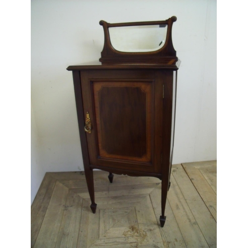 304 - Edwardian mahogany and cross banded pot cupboard with raised bevelled edge mirrored back above singl... 