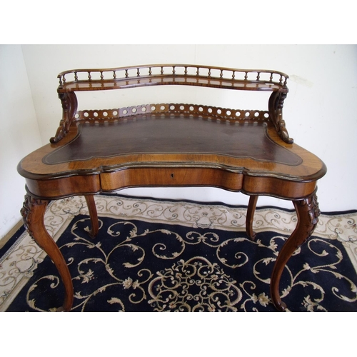 301 - Victorian rosewood ladies writing desk with raised galley back, inset leather surface and single fri... 