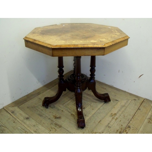 299 - Victorian walnut inlaid octagonal occasional table on four turned column supports (74cm x 74cm x 72c... 