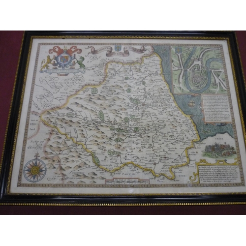 216 - Framed and mounted John Speed coloured map of The Bishoprick and Citie of Durham (58cm x 46cm)