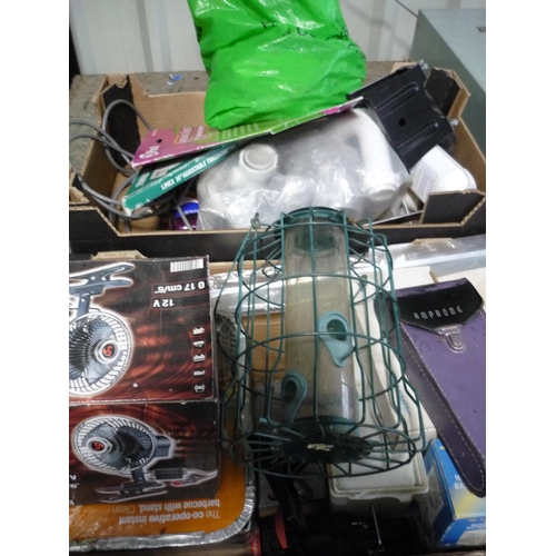 12 - 2 boxes of various items including a car fan, bird feeder, sanding sheets, pipe connectors etc