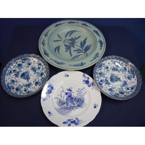 19 - Group of 19th/20th C ceramics including blue and white hand painted plate depicting a China man on r... 
