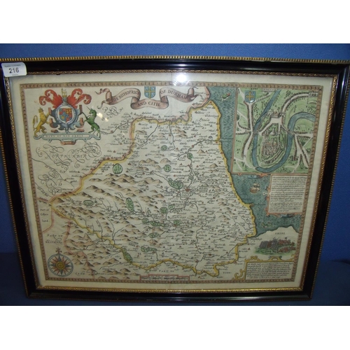 216 - Framed and mounted John Speed coloured map of The Bishoprick and Citie of Durham (58cm x 46cm)
