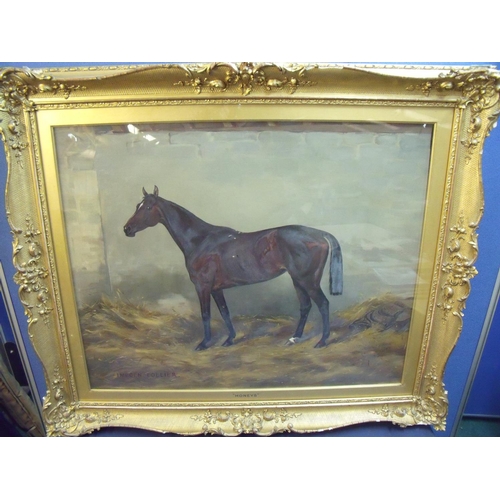 217 - Heavy gilt framed oil on canvas portrait of a horse in stable with stenciled title 