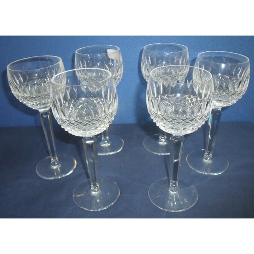 27 - Set of six Waterford Coleen design cut glass wine hock glasses, elaborately cut bowls on multifacete... 
