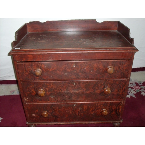 279 - Victorian painted pine chest with raised back and sides above three drawers on turned supports (94cm... 