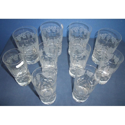 28 - Set of six quality Tudor Crystal of Stourbridge high ball glasses with etched vine leaf detail and a... 