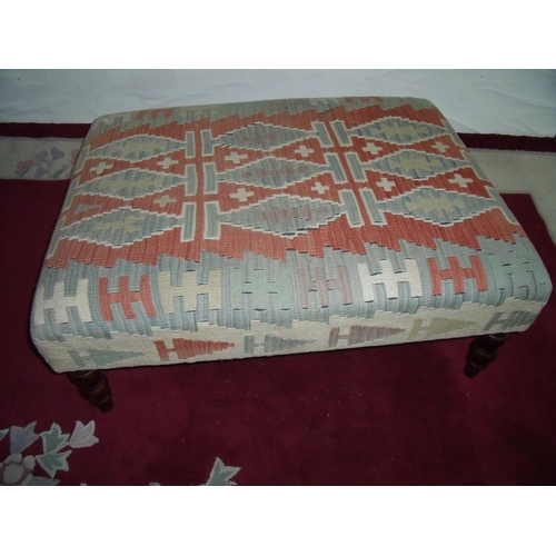 286 - Large modern Victorian-style rectangular foot stool on turned mahogany supports with kilim-style rug... 