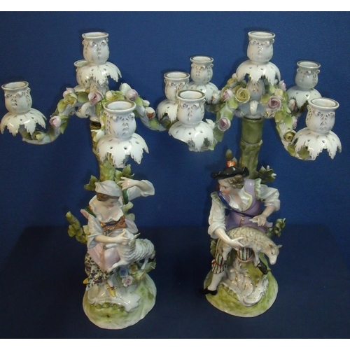 3 - Pair of 19th C continental ceramic four branch candelabra depicting couple holding lambs sat upon th... 