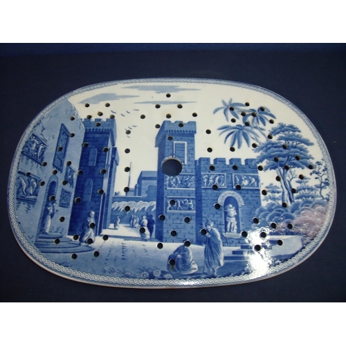 30 - Early 19th C Spode oval blue and white drainer tray depicting Eastern fortified town landscape scene... 