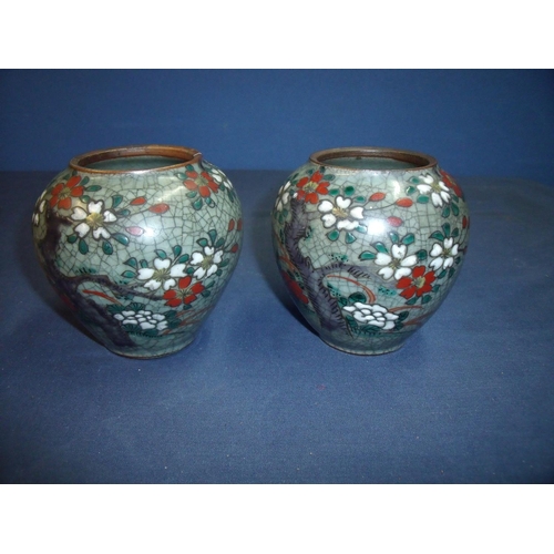 36 - Pair of early 20th C Japanese crackle-glazed vases of bulbous squat form (1 A/F) (12cm high)