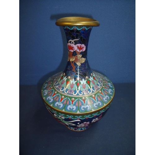 45 - 19th/20th C Cloisonné vase with bulbous body and tapering neck with flared gilt metal rim with blue ... 