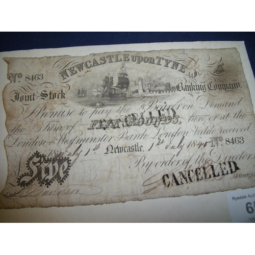 65 - Newcastle-upon-Tyne white £5 note no.8463 for the joint stock banking company dated 1st July 1840