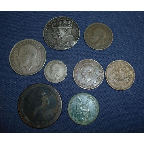 66 - George III 1797 cartwheel penny, 1923 George V half crown, a coronation medallion and various halfpe... 