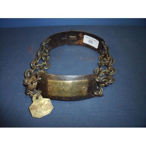 86 - early 19th C large dogs collar with chain link side panels and adjustable size metal plate to the ba... 