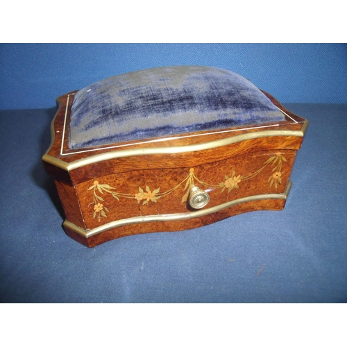 89 - Early to mid 20th C walnut inlaid box with serpentine detail, top set with large rectangular pincush... 