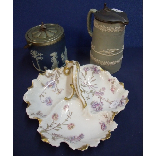 1 - Wedgewood blue jasperware biscuit barrel with silver plated mounts with impressed marks on base, two... 