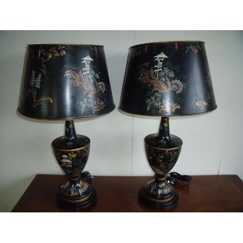 136 - Pair of modern Chinoiserie pattern regency urn-shaped table lamps with toole wear shades mounted on ... 