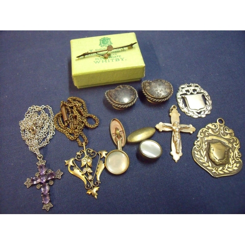 149 - 9ct gold seed pearl and carved hard stone broach and a selection of costume jewelry including silver... 