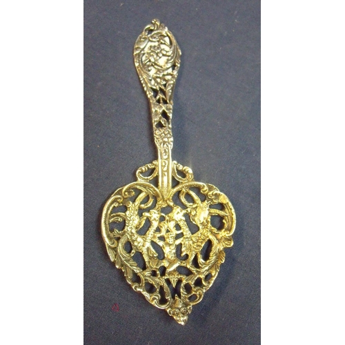 158 - Edinburgh 1893 silver hallmarked and gilt spoon with pierced floral detail and central panel depicti... 