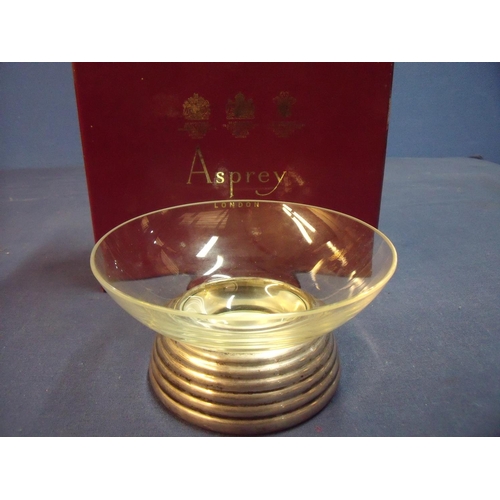 167 - Boxed Asprey of London silver hallmarked bonbon dish with glass bowl and circular stepped silver hal... 