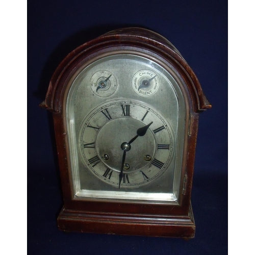 131 - Cased Gustav Becker chiming mantel clock with steel face enclosed by bevel edged panelled door, with... 