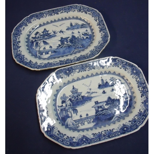 16 - Pair of 19th C Chinese blue and white rectangular form serving platters depicting landscape scenes (... 