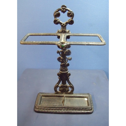 54 - Cast metal two sectional stick stand with lift out tray to the base (width 41cm)