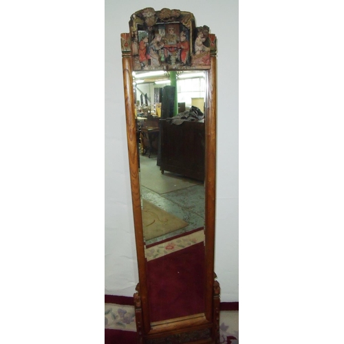 383 - Unusual carved Chinese hardwood cheval mirror, the top carved panel depicting various figures with p... 