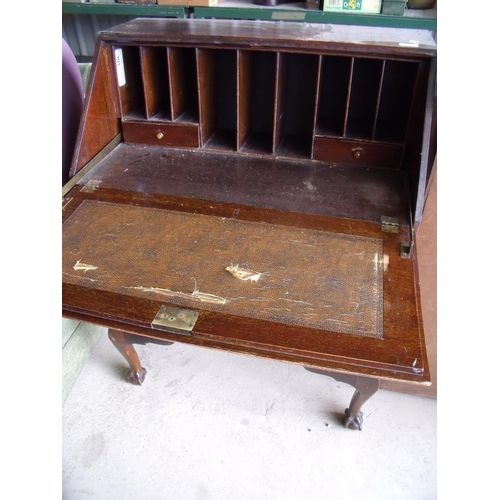 282 - Mahogany three drawer bureau on ball and claw feet, with fitted interior and leather writing slope (... 