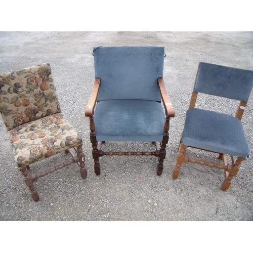 384 - Mid 20th C oak framed armchair with upholstered seat, back & arms on turn supports and two similar d... 
