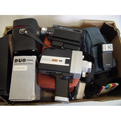 43 - Box of camera accessories including cases, flash guns, cine cameras etc