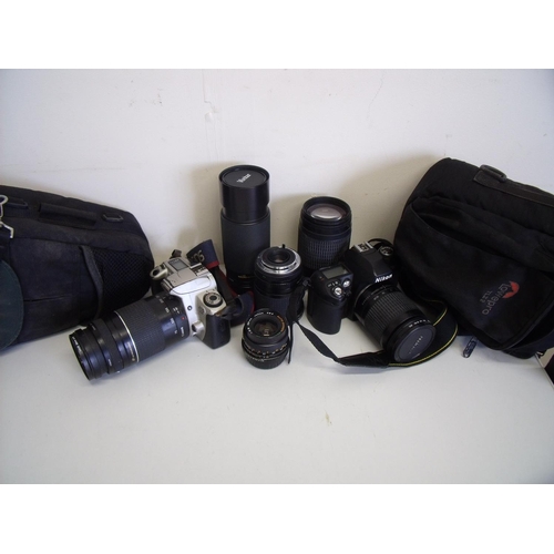 44 - Box of camera equipment including Canon EO5 300, Nikon D80, lenses etc