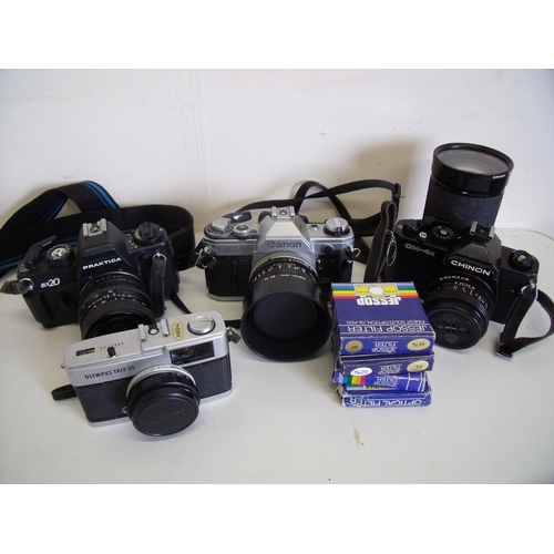 46 - Box of various cameras including Praktica, Canon, Olympus etc